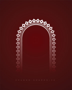 Durga Arch Background featuring a white geometric ornamental arch with repeating diamond and pointed motifs on a deep red backdrop, ideal for Durga Puja, Maa Durga celebrations