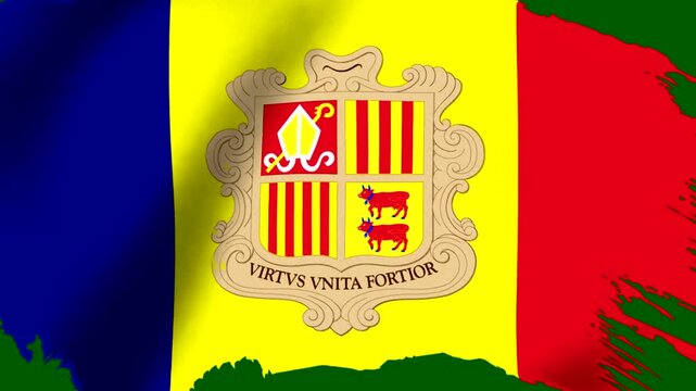 Waving national flag of Andorra with coat of arms in blue yellow and red colors