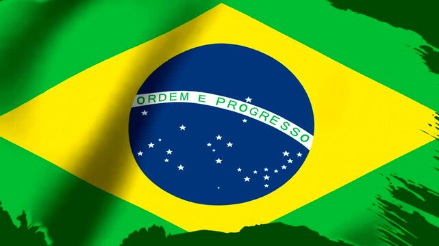 Waving national flag of Brazil featuring green yellow and blue colors with stars and text