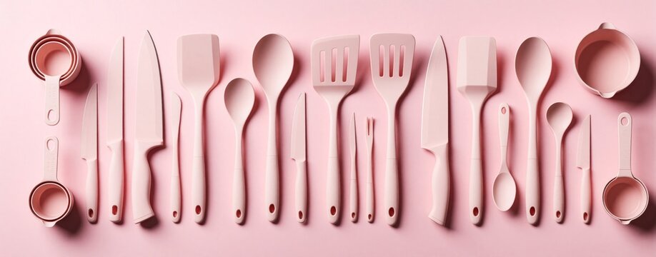 Collection of pastel pink kitchen tools including knives, spatulas, spoons, and measuring cups arranged on a solid pink surface. Modern utensils for cooking and baking.