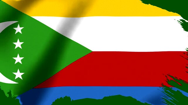 Waving national flag of Comoros featuring four horizontal stripes and green chevron with crescent and stars