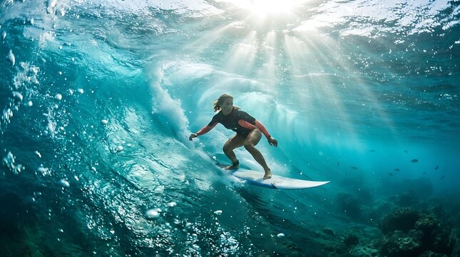 Surfer riding a large ocean wave underwater view with sunlight rays piercing the surface
