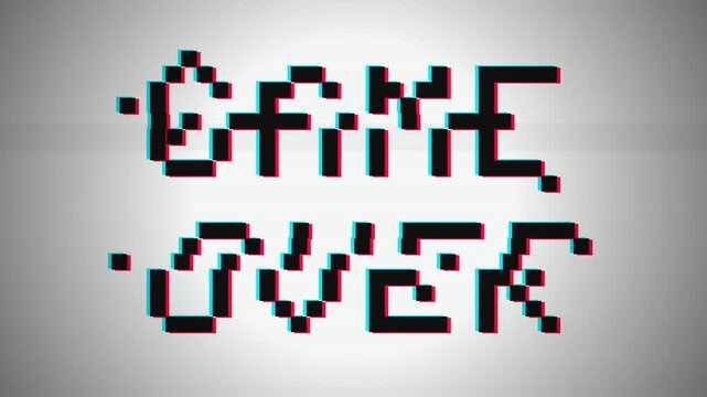 Retro pixel Game Over text video footage with glitch effect on scanline background loop.