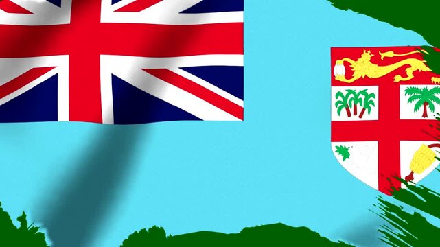 Waving national flag of Fiji with a light blue background and decorative green paint brush strokes