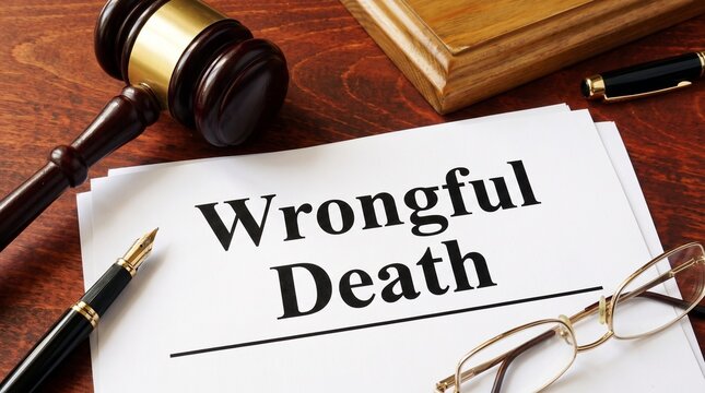 Wrongful death lawsuit document on wooden desk with judge gavel and glasses