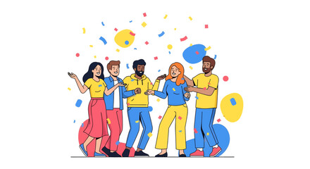 Fototapeta premium Diverse group of happy people celebrating with confetti and balloons, expressing joy and togetherness.