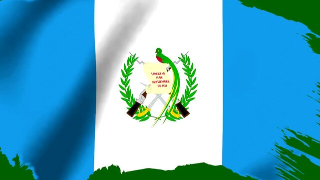 Waving national flag of Guatemala with the central emblem featuring the quetzal bird and rifles