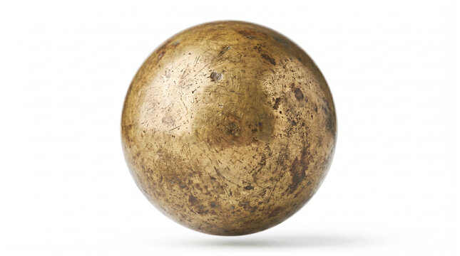 A shiny golden sphere with a textured surface isolated on a white background in a studio shot.
