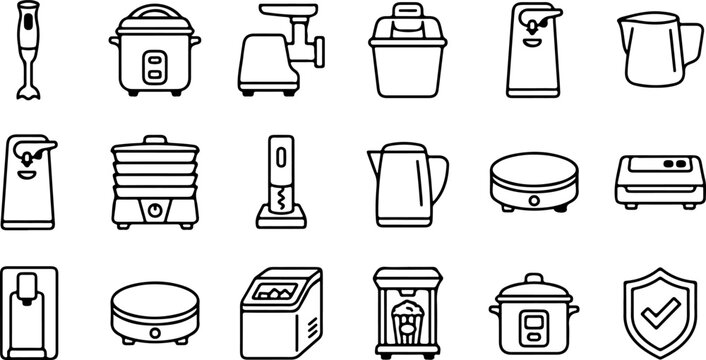 Set of kitchen appliances icons, including blender, multicooker, meat grinder, kettle, food steamer, electric grill, ice maker, popcorn maker, and other cooking tools