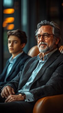 Senior corporate leader in dark blazer and glasses looking thoughtfully forward with young professional colleague blurred in background