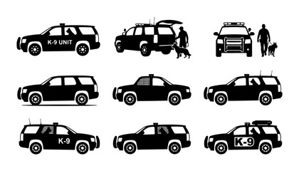 K-9 Unit Police SUV Icons, Law Enforcement Vehicle Silhouettes, Security Dog Patrol Car Graphics © Kabita