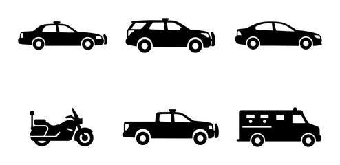 Law Enforcement and Security Vehicle Icons: Police Cars, Motorcycle, Truck, Armored Van © Kabita