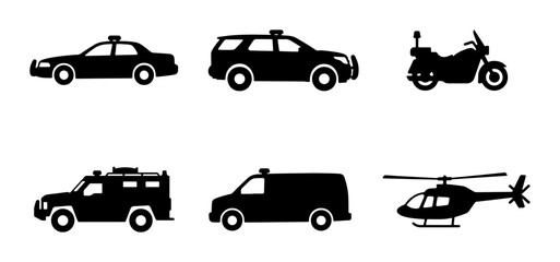Emergency Vehicle Icons Set: Police Car, SUV, Motorcycle, Armored Truck, Van, Helicopter © Kabita