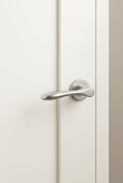 Modern ergonomic brushed stainless steel lever door handle on a clean white interior door with copy space.
