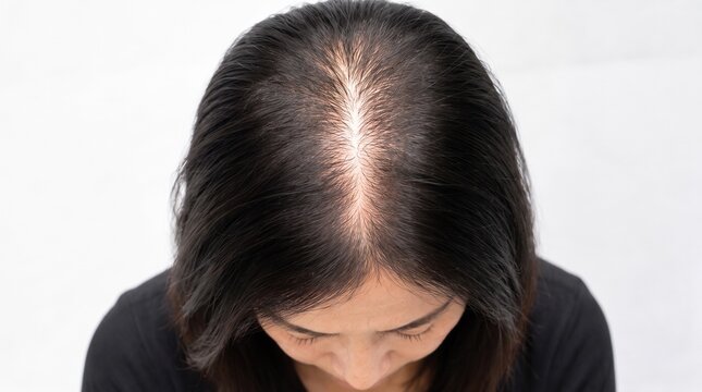 Asian woman with widening hair part before SMP treatment