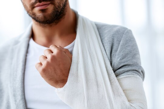 Man recovering from arm fracture with medical sling