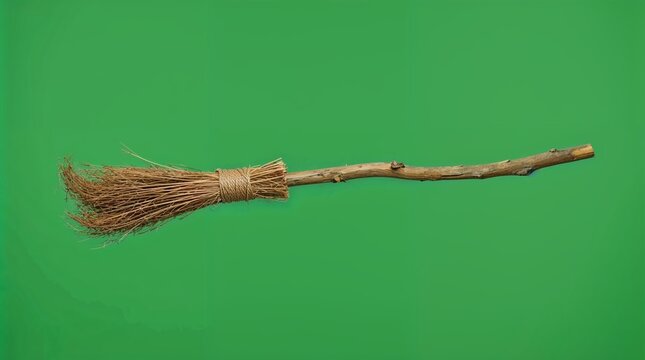 Old Witch Broom Lying Isolated on Green Halloween Background