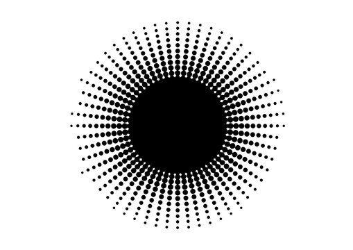 Abstract black halftone sunburst shape with radial dotted rays