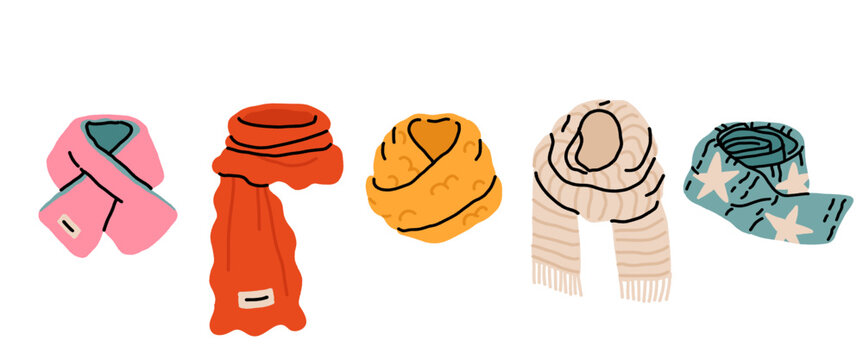 Cute winter scarves in bright colors including knitted scarf, snood and fringe wrap for cold weather fashion. Flat cartoon hand drawn vector illustration.