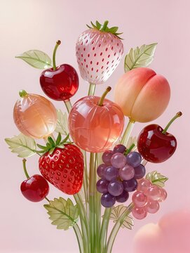 A surreal fruit bouquet composed of transparent inflatable strawberries, cherries, peaches, grapes and delicate green leaves, arranged like an elegant floral bouquet
