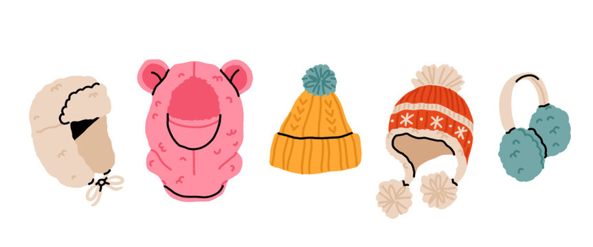 Cute winter hats and earmuffs with beanie, trapper hat, bear hat and pom pom hat for cold weather fashion. Flat cartoon hand drawn vector illustration.