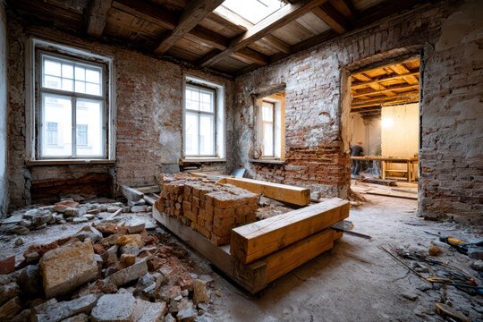Building interior renovation with brick walls
