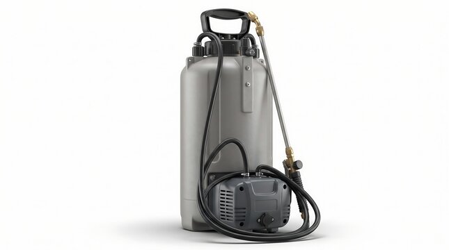 Portable plastic pressure sprayer for gardening and pest control isolated on white background.
