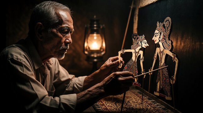Elderly craftsman expertly manipulates traditional wayang kulit shadow puppets. Senior artist performs heritage art form with intricate figures, creating drama, storytelling in dim, atmospheric room.