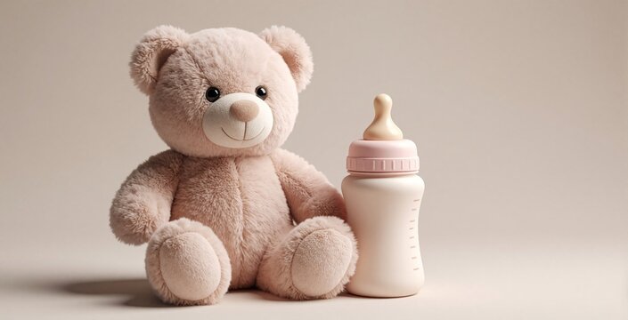 Fluffy teddy bear sits next to baby bottle on neutral surface. Symbol of childhood, comfort, and infant care essentials. Represents nurturing and new life.