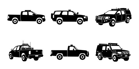 Police SUV and Pickup Truck Icons, Law Enforcement Vehicle Silhouettes, Security Patrol Car Set © Mondira