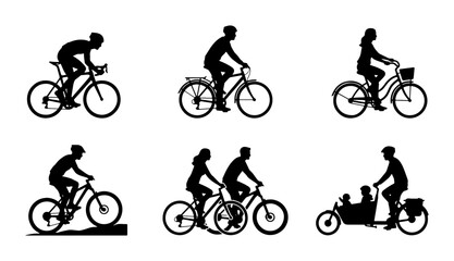 Naklejka premium Cycling Silhouettes: Diverse Riders on Bicycles, Vector Set for Sport and Lifestyle Graphics