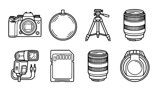 Set of photography equipment and camera gear icons including dslr tripod lenses flash memory card vector graphics with camera lens photographer tools photo accessories shooting