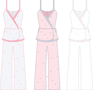 Technical fashion flat sketch of floral camisole and wide-leg pants set with wrap bodice, peplum waist, and decorative details