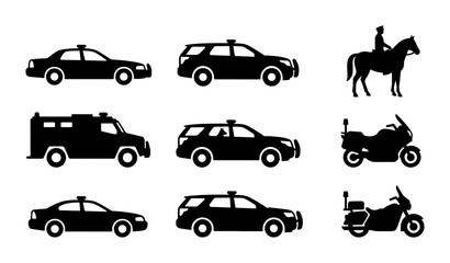 Police Vehicle Icons Set, Law Enforcement Transport Silhouettes, Security Car & Motorcycle Graphics © Mondira