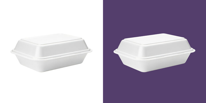 Empty white styrofoam food container box on dark purple and light backdrop png