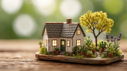 Fototapeta premium Miniature house model sits on wood base with lit windows and tiny garden featuring tree and plants. Detailed small home offers cozy scene with soft background bokeh.