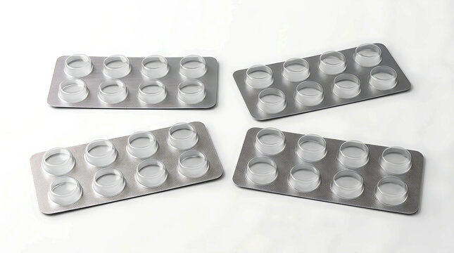 Four rectangular blister packs with white round pills for medical treatment.