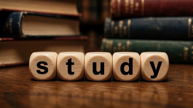 Wooden cubes spell STUDY on a desk with blurred books. This image represents knowledge acquisition and academic pursuits. It suggests learning and education.