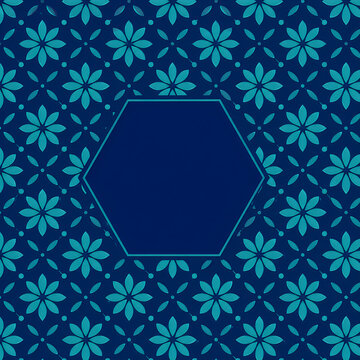 Blue floral seamless pattern with geometric hexagon frame and turquoise star motifs. Vector background for creative design and text space.