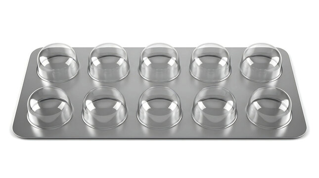 Empty silver pill blister pack with ten circular slots for medicine tablets.
