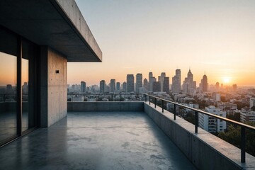 Fototapeta premium Modern concrete balcony overlooks city skyline at sunrise. Minimalist villa offers urban vista during golden hour with skyscrapers in distance. Peaceful dawn over cityscape.