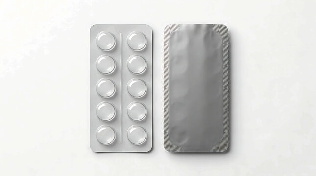 White medical pills in plastic blister pack and silver foil packaging.