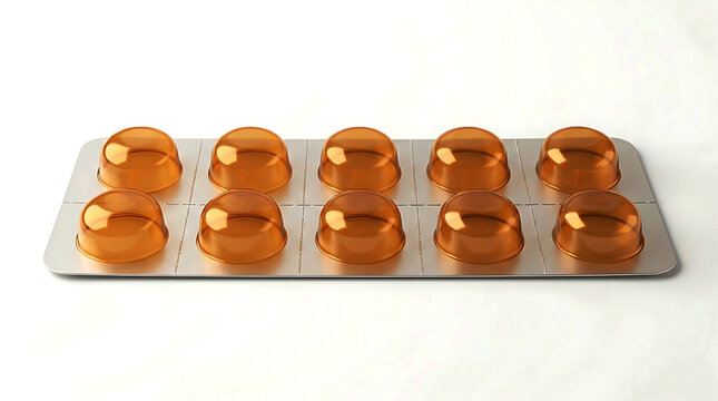 Ten orange gelatin capsules inside a silver blister pack medicine strip.