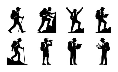 Fototapeta premium Hiking Silhouette Icons, Mountain Climbing Vector Set, Outdoor Adventure People Graphics, Trekking Activity Collection