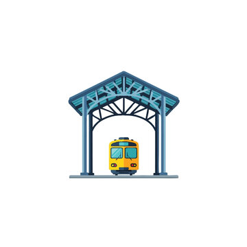 Yellow commuter train at station platform with blue shed roof flat vector illustration