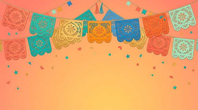 Colorful Mexican Papel Picado Banner Flags on Festive Orange Background for Cinco de Mayo and Day of the Dead Celebration