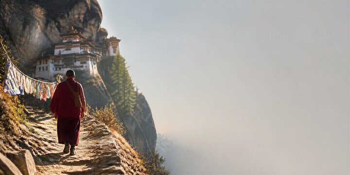 Buddhist monk walking along a mountain trail beside a Himalayan monastery with prayer flags. Spiritual travel destination scene with expansive copy space for tourism banner design.