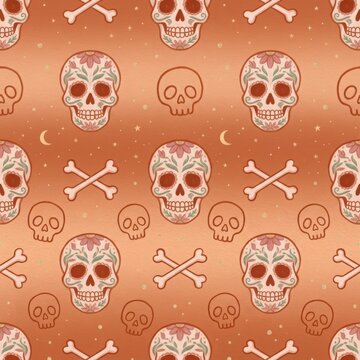 Sugar skull day of the dead seamless pattern with floral calaveras and crossbones on warm orange gradient background.