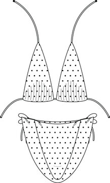 Technical fashion flat sketch of polka dot string bikini set with triangle top, adjustable ties, decorative details, and front view