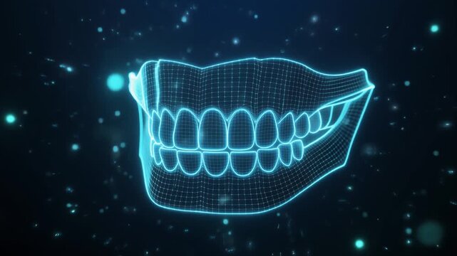 青いレーザー光が歯の表面をスキャンする人間の下顎弓のデジタルレンダリング